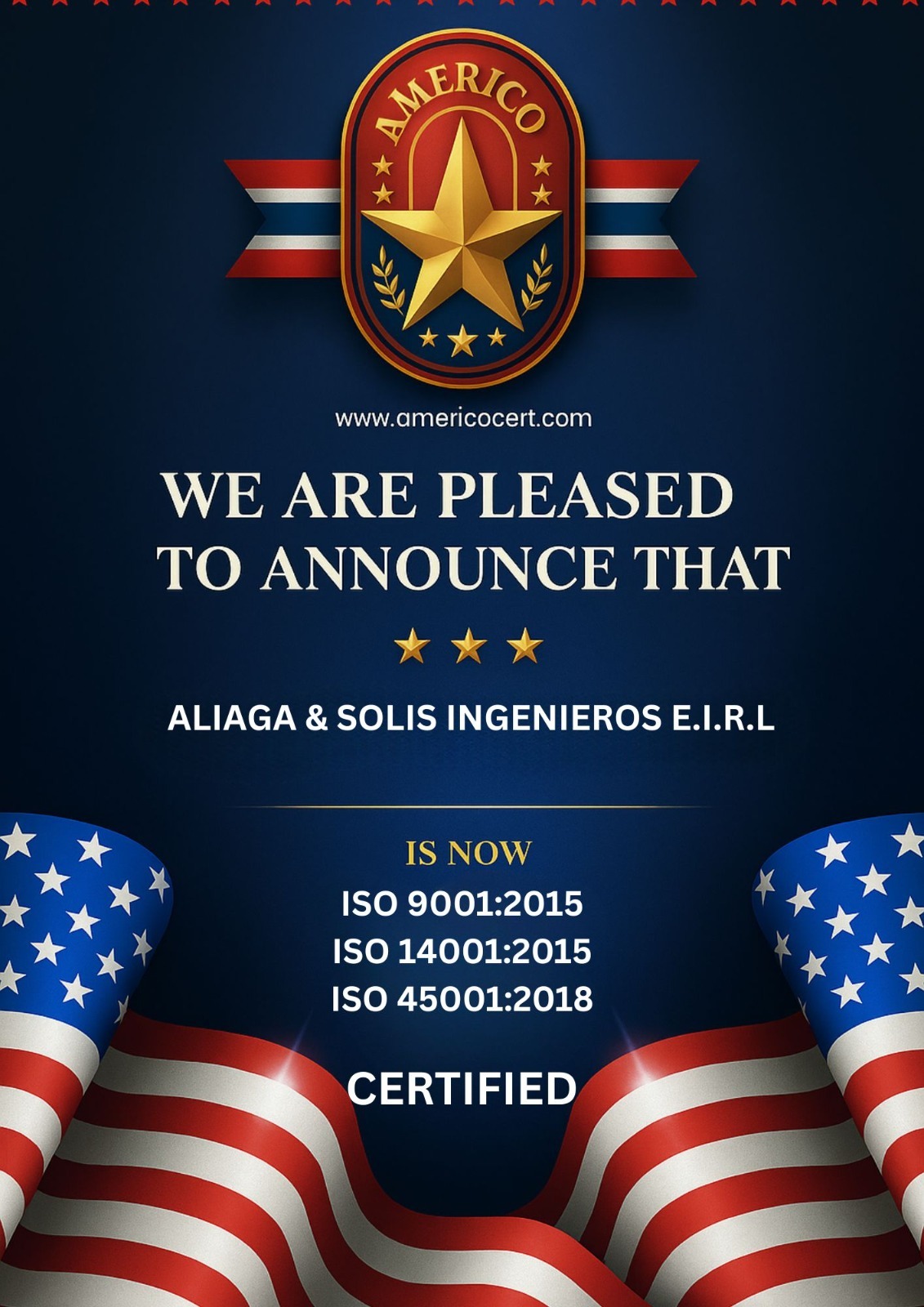 Certificación AMERICO ALIAGA & SOLIS INGENIEROS